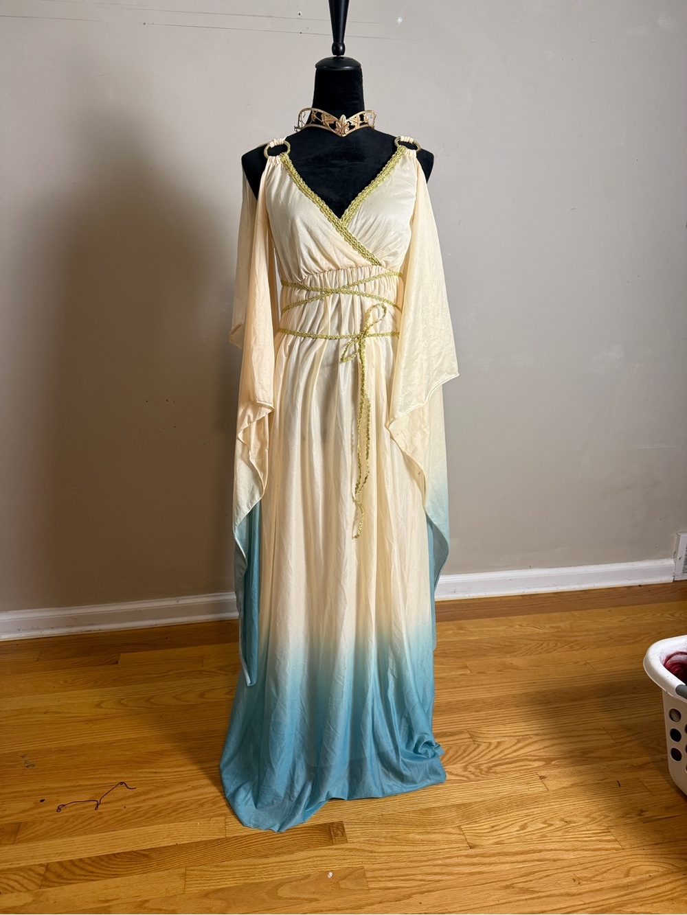 Goddess Costume Dress Size Small Cream Blue Grecian Fantasy Maxi